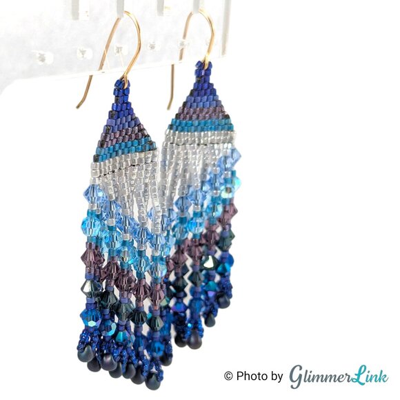 Beaded Fringe Ombre Blue Purple Boho Festival Seed Bead Statement Earrings - Picture 2 of 10